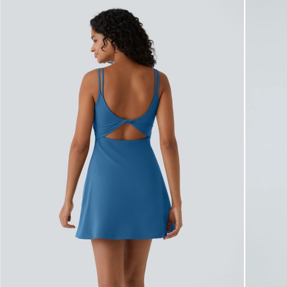 HALARA Twist Open Back Double Strap Blue Dress w/ Shorts Pockets 2 Piece XS NWT